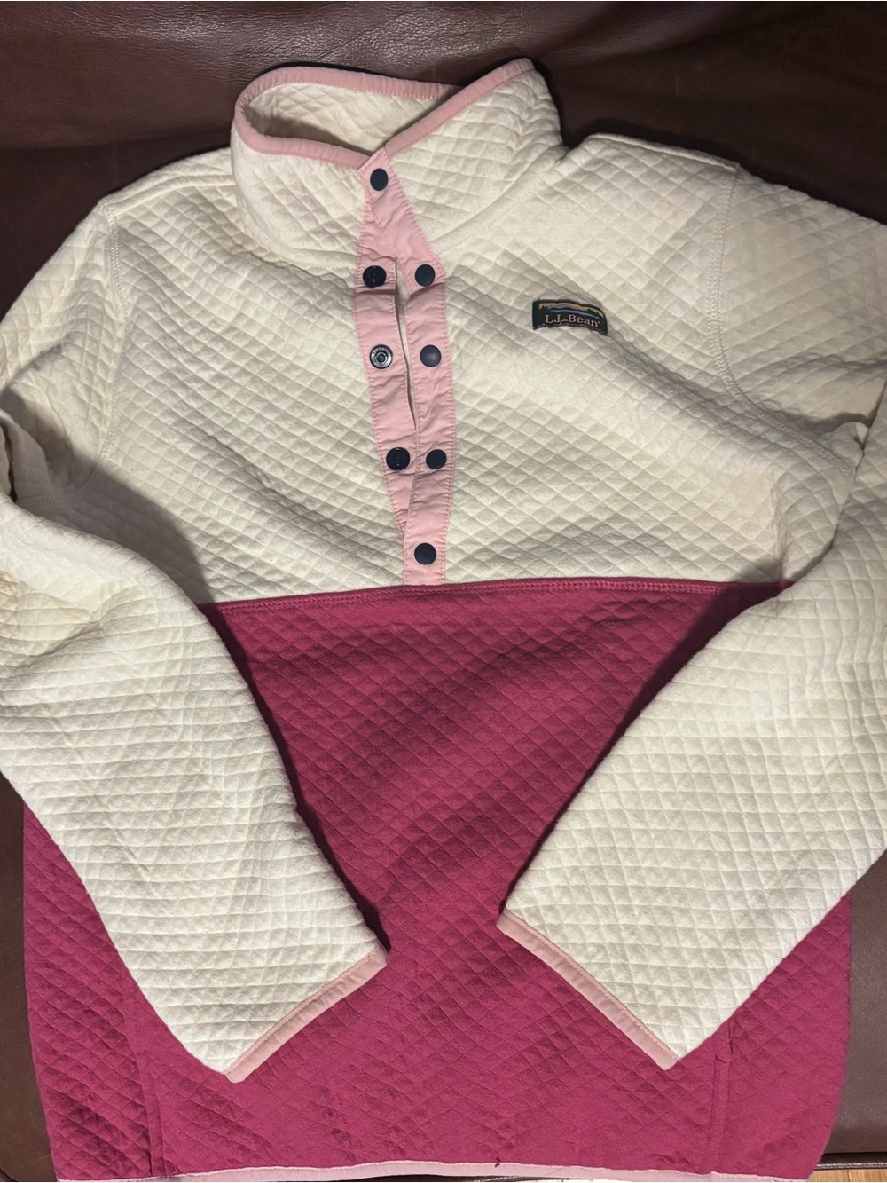 L.L. Bean Quilted Snap Pullover - Cream & Berry